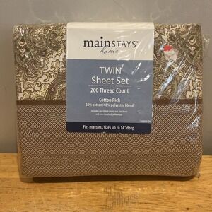 MainStays Twin Sheet Set Creighton Tan 200 TC FLORAL SHEETS Pink Tan‎ Paisley